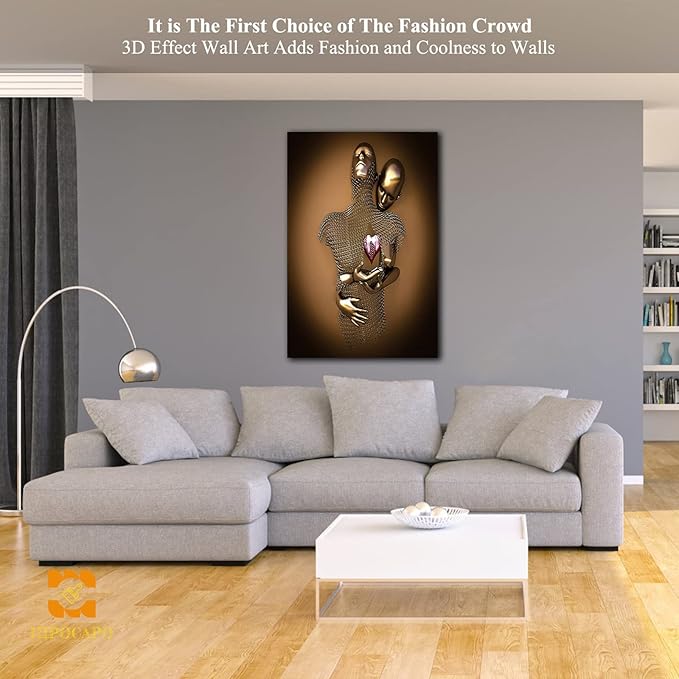 HIPOCAPO 3D Metal Effect Wall Art - Love Heart Canvas Art, Gold Decor for Living Room, Framed Romantic Couple Room 24”x36”x1Pcs 3d Art-22