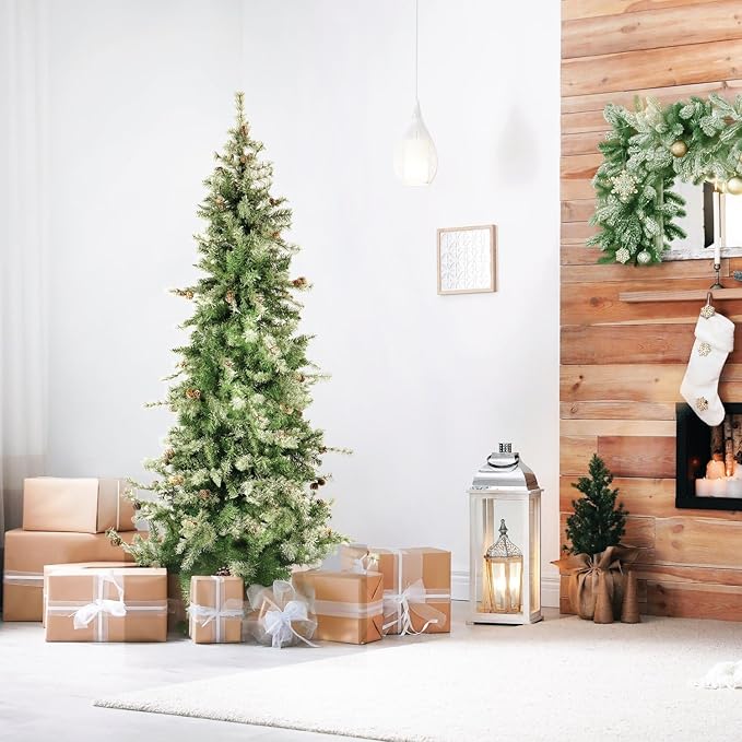 Fraser Hill Farm 7.5-Ft. Buffalo Fir Flocked Artificial Christmas Tree with Stand, Unlit Foldable Fake Tree with Realistic Snowy Foliage for Home Decoration