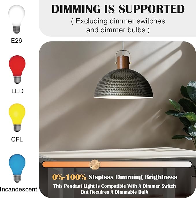 Large Pendant Light Fixtures, 15.7 Inch Vintage Wood Dome Chandelier Lamp, Hammered Matte Brushed Metal Pendant Lamp, Mid Century Gold Ceiling Hanging Light for Dining Room, Living Room Kitchen Island