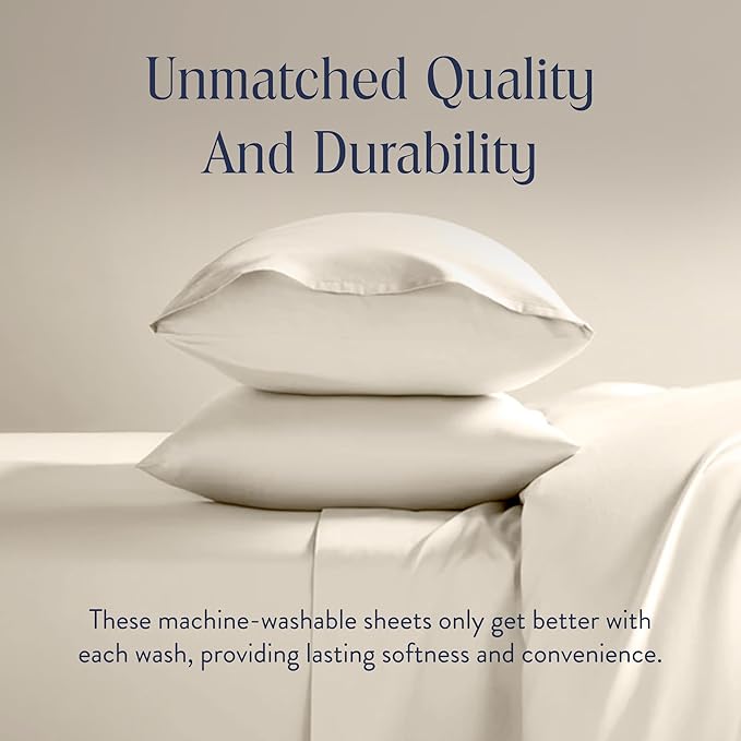 Brooklinen Luxury Sateen 4 Piece Sheet Set - 100% Cotton Bed Sheets, Soft & Durable Twin Sheets Set in Cream, Oeko-TEX Certified Bedding Set, 1 Fitted Sheet, 1 Flat Sheet, 2 Pillowcases