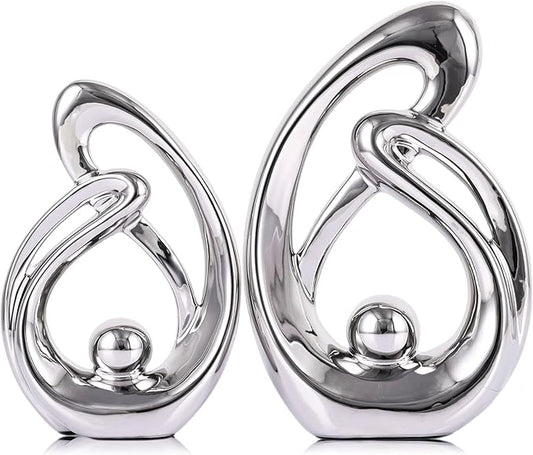 XMGZQ Home Decor Accent,Porcelain Art Mid Century Bookshelf Decorations,Gold Centerpieces for Tables,Abstract Ceramic Statue Sculpture for Coffee Table Mantel Tv Stand Centerpieces (Silver, Small)