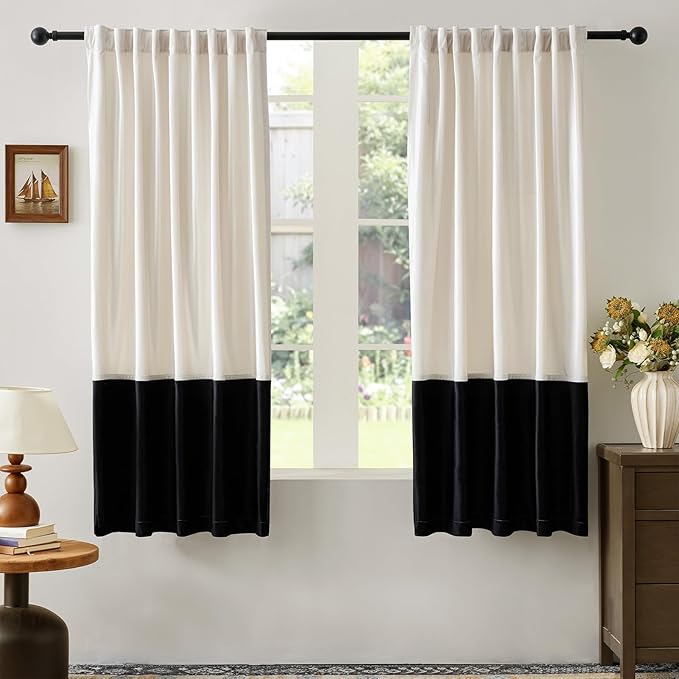 Velvet Curtains for Living Room Cream Ivory Black 63 inches Long,2 Panels Blackout Curtains Modern Color Block Back Tab Rod Pocket Soundproof Drapes for Bedroom Window Decor