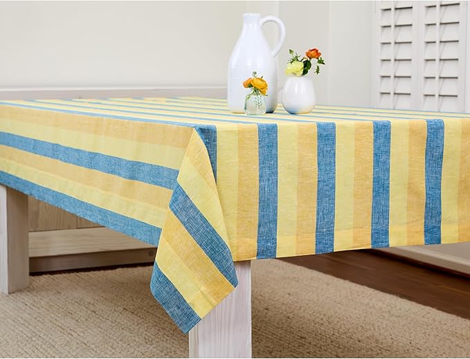 Solino Home Linen Tablecloth 60 x 90 Inch - 100% Pure Linen Bright Summer Stripe Table Cloth for Rectangle Tables - Cabana Stripe, Machine Washable Tablecloth
