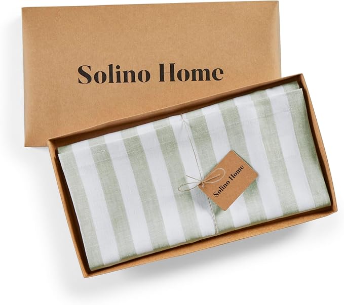 Solino Home Linen Tablecloth 52 x 52 Inch - Sorrento Stripe, 100% Pure Linen Sage and White Square Tablecloth - Machine Washable Table Throw for Fall, Autumn, Thanksgiving, Christmas