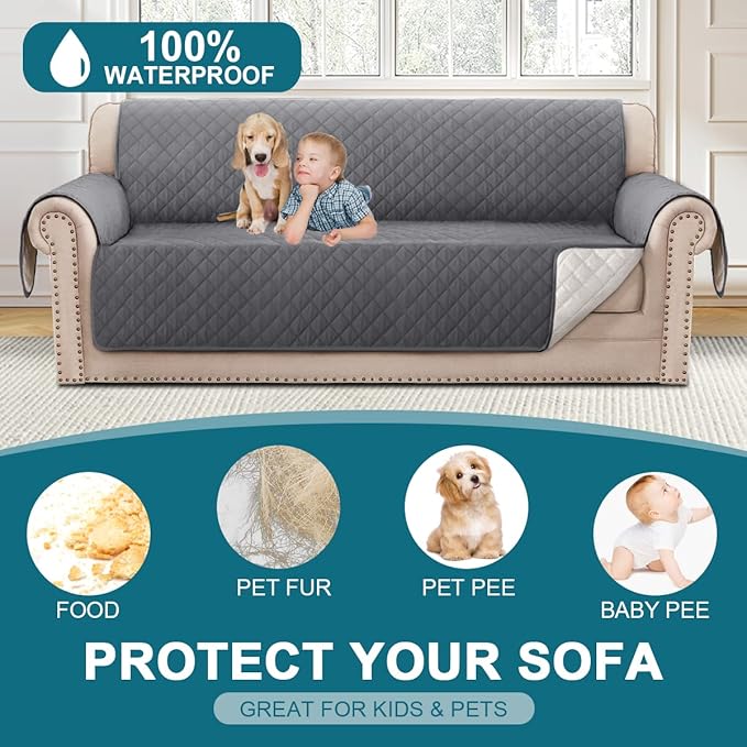 Turquoize 100% Waterproof Sofa Covers Couch Cover Sofa Cover for Dogs Couch Protector Triple Non-Slip Sofa Slipcover for 3 Cushion Couch Furniture Protector for Pets, Kids,Dog (XL Sofa 78", Gray)