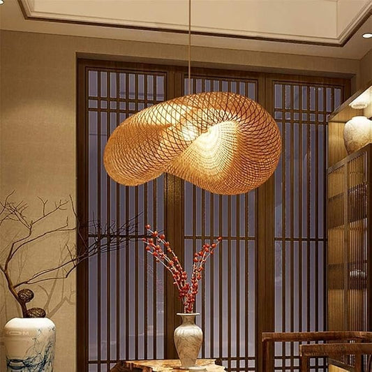 Farmhouse Bamboo Pendant Light Fixtures, Bird's Nest Shape Rattan Chandelier for Kitchen Island, Adjustable Ceiling Mount Hanging Lamp for Living Room, Dining Room, Bedroom, Entryway Decor