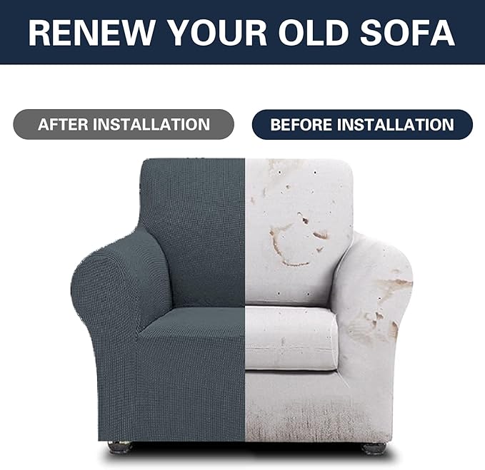 Cupuamon 2025 New Stretch Chair Sofa Slipcovers Couch Cover for 1 Seater Furniture Protector Sofa Covers with Elastic Bottom Jacquard Fabric Small Checks for Pets, Kids - Grey