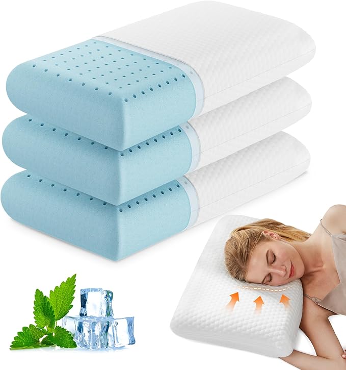 DUMOS Memory Foam Pillows for Sleeping 3 Pack, Bed Pillows for Adults with Washable Cover and Breathable Mesh, Gel Cooling Pillow for Back and Side Sleeper Support, White