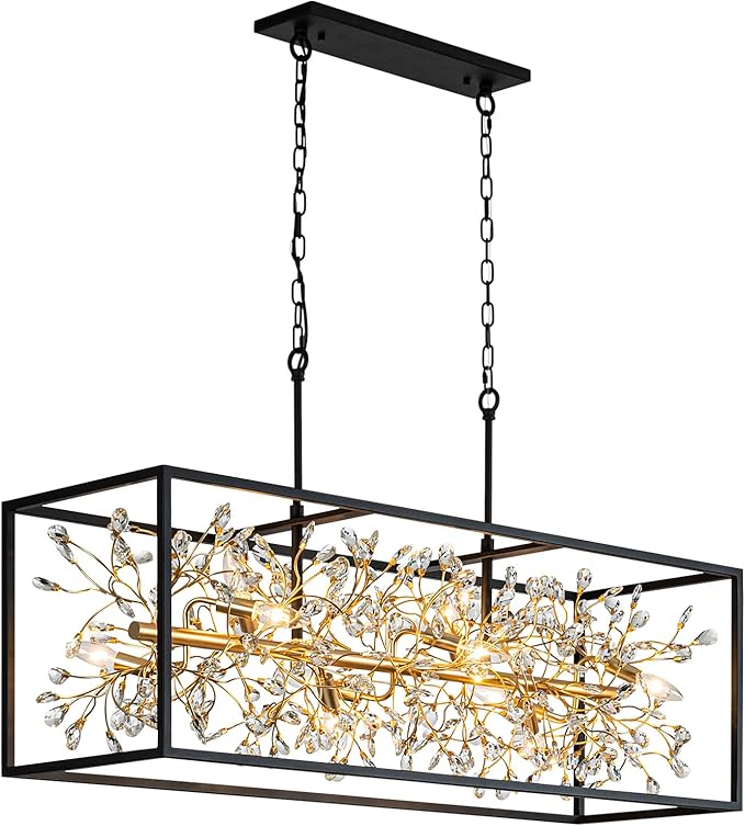 Vezzio Black and Gold Chandelier, 10-Light Rectangle Crystal Chandeliers Rectangular Modern Luxury Pendant Light Fixture for Dining Room Large Kitchen Island, L48 Inch