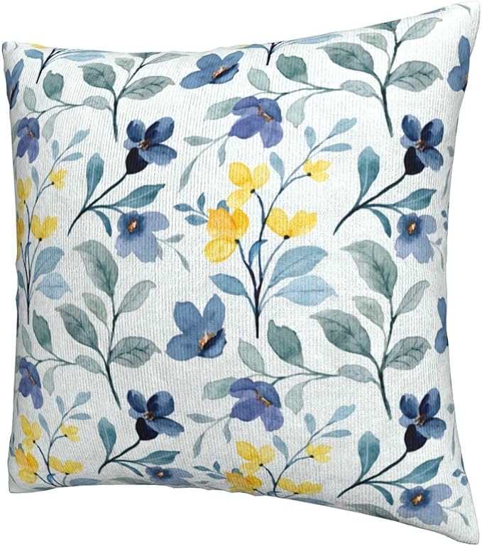 Spring Flowers Pillow Covers 18x18 Inch Set of 2 Blue and Yellow Flower Throw Pillow Cover Vintage Plant Floral Square Pillowcase Cushion Cases for Home Couch Bed Sofa