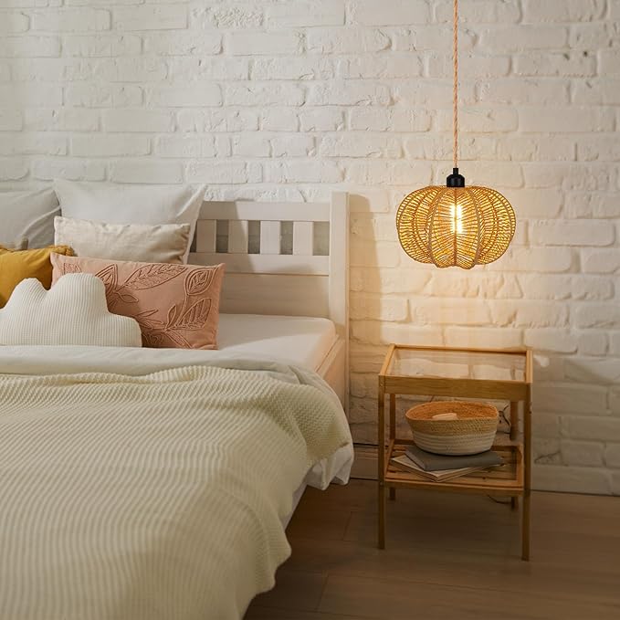 Plug in Pendant Light Rattan Hanging Lights with Plug in Cord 15FT Hemp Rope Cord, Dimmable Switch – Indoor Hanging Lamps for Boho Living Room Bedroom（Bulb Included） 11 x 7 inch