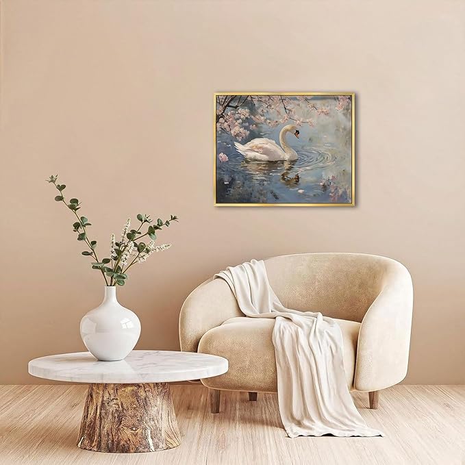 AIMAILON Vintage Gold Canvas Wall Art Framed Decor for Living Room Gallery White Swan Animal Print Pictures Classical Pink Flower Lake Background Aesthetic Artwork Home Decoration 16x20