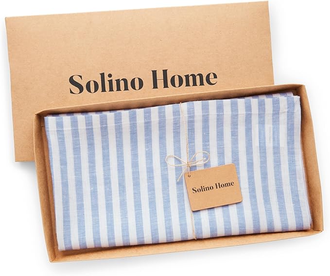 Solino Home Linen Square Tablecloth 52 x 52 Inch - Amalfi Stripe, 100% Pure Linen Sky Blue and White Table Throw - Machine Washable Tablecloth for Holiday