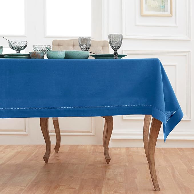 Solino Home Linen Indigo Blue Tablecloth 60 x 144 Inch - Classic Hemstitch, 100% Pure Linen Rectangular Tablecloth - Machine Washable Table Cloth for Fall, Autumn