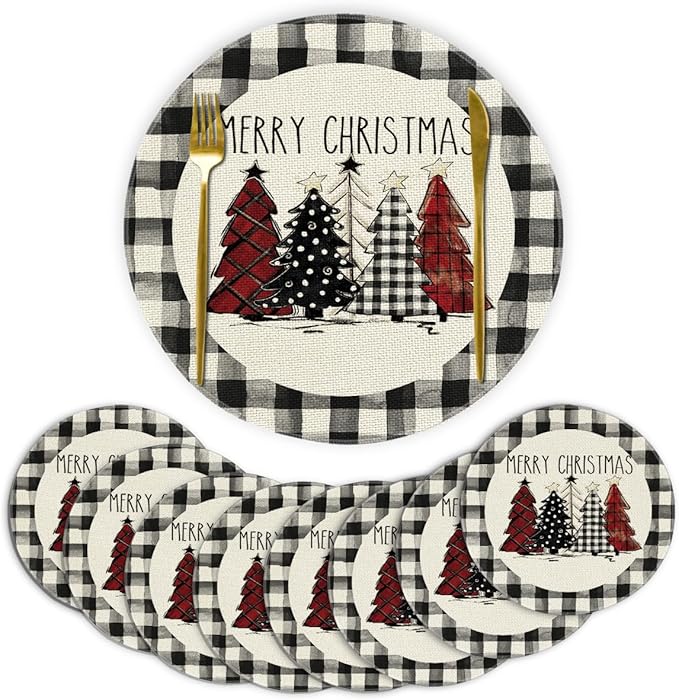 Artoid Mode Waterclor Buffalo Plaid Christmas Trees Merry Xmas Round Placemats Set of 8, 14 Inch Seasonal Winter Round Table Mats for Dining Decoration