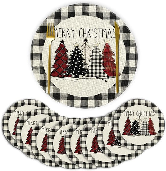 Artoid Mode Waterclor Buffalo Plaid Christmas Trees Merry Xmas Round Placemats Set of 8, 14 Inch Seasonal Winter Round Table Mats for Dining Decoration