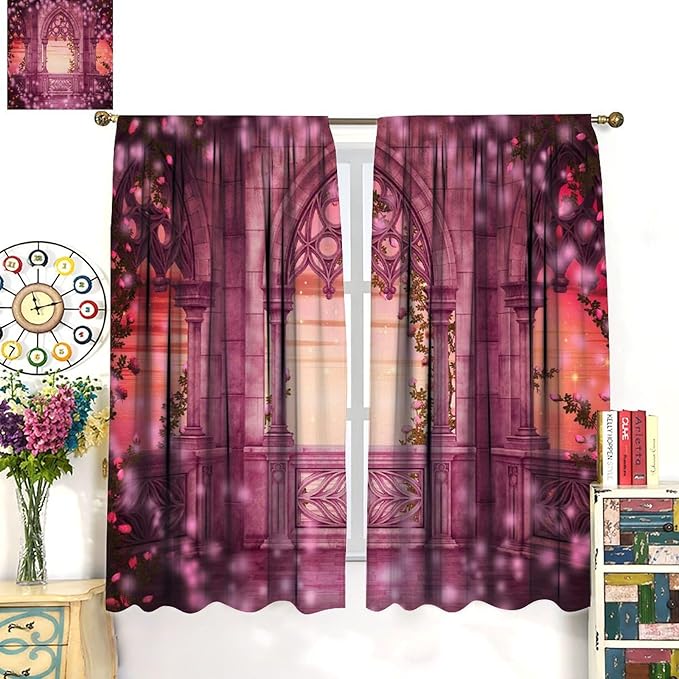 Gothic Mid Century Blackout Curtains, Medieval Balcony Mysterious Red Rose Print Pattern Window Drapes, for Living Room Bedroom 31.5(W)*72(L) 2 Panels