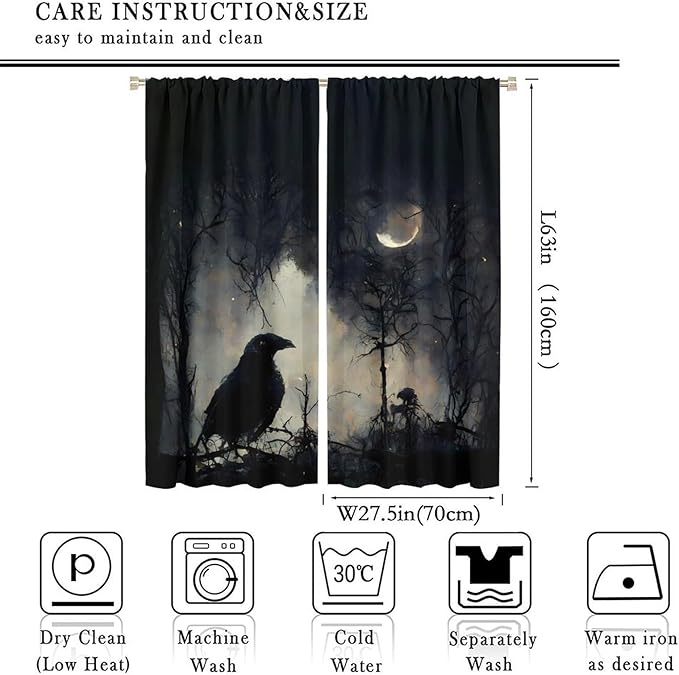 Gothic Halloween Crow Blackout Window Curtains, Black Birds Crow Crow Black Dark Decor Window Drapes, for Home Bedroom Living Room 27.5(W)*63(L) 2 Panels