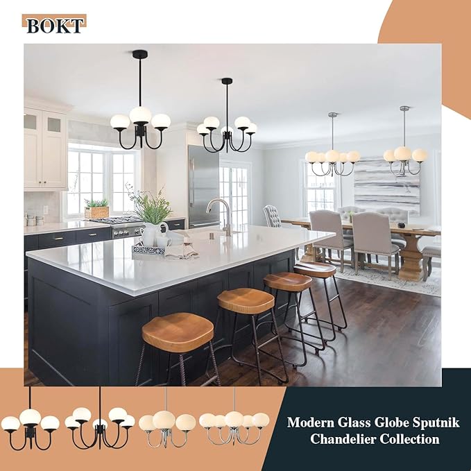 BOKT 5 Lights Mid Century Chandelier Light Fixture Black Sputnik Pendant Lights Milk Glass Globe Chandelier Adjustable Modern Farmhouse Dining Room Sputnik Kitchen Island Lighting BPL01-BK-5