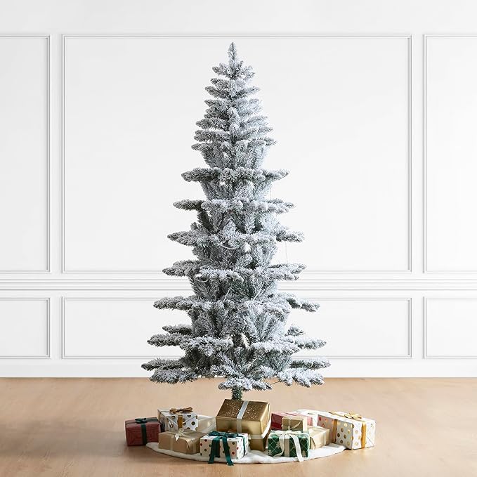 Glitzhome 7.5ft Pre-Lit Flocked Slim Artificial Christmas Tree Frostwood Spruce with 320 Warm White Lights and Sturdy Metal Stand for Home, Office, Party Decoration