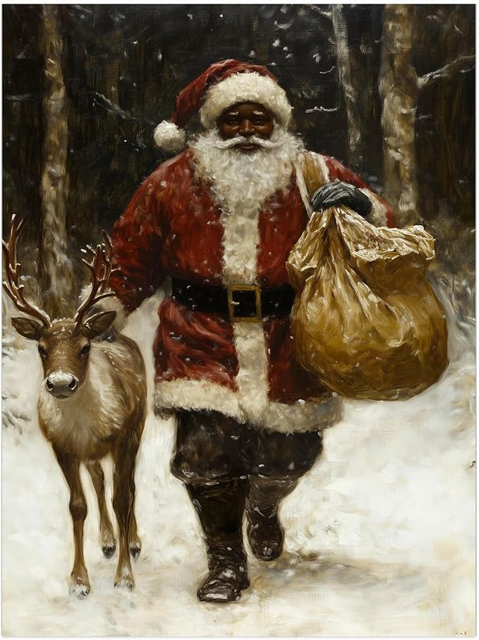 Coming to Town | Vintage Black Santa Claus Wall Art,Winter Holiday Decor,Christmas Print,Pockets Prints,African Santas With Reindeer Painting
