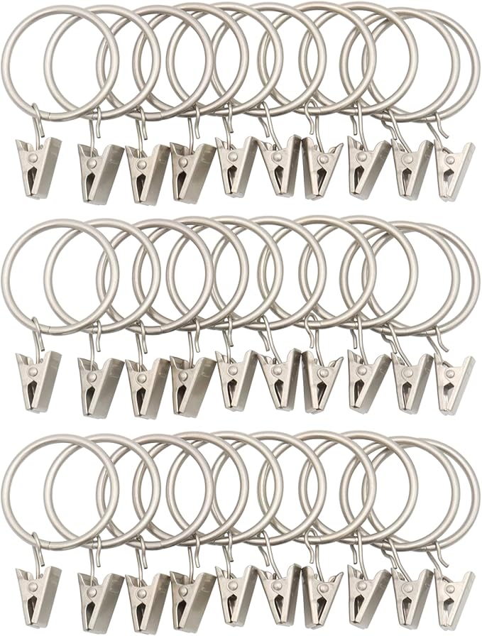 LBY 30 Pack Curtain Rings with Clips, 33mm(1.3'') Interior Diameter Metal Curtain Rings, for Hanging Drapery Drapes Bows, Matte Silver