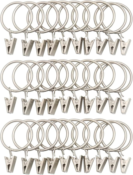 LBY 30 Pack Curtain Rings with Clips, 33mm(1.3'') Interior Diameter Metal Curtain Rings, for Hanging Drapery Drapes Bows, Matte Silver
