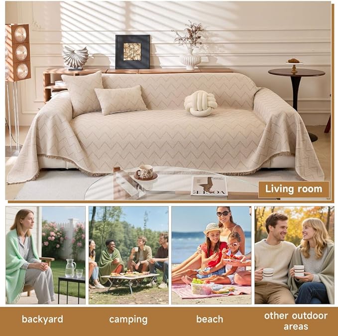 ROOMLIFE Boho Khaki Couch Covers for 3 Cushion Sofa, Couch Cover Sectional Sofa Cover for Dog, Washable Furniture Sofa Protector Cover Soft Blanket with Tassel for Living Room, 71''X118''