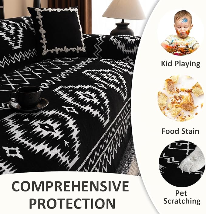 VClife Boho Couch Cover Chenille Sofa Cover for Sectional Sofa, Non Slip Couch Covers for 2 Seater Sofa Pet Friendly Sofa Protector with Tassel, Tribal Pattern Couch Slipcover, Black, 71"X118"