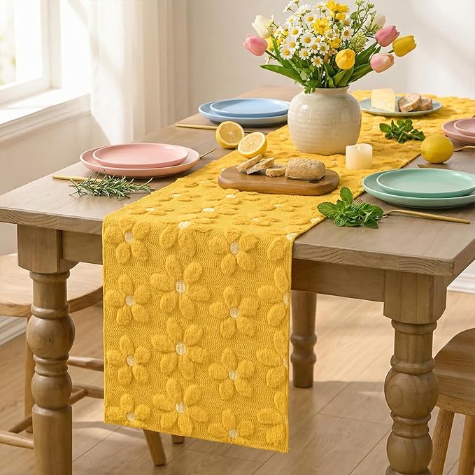 Artoid Mode Yellow Soft Plush Faux Fur Jacquard Embroidery Daisy Spring Table Runner, Kitchen Dining Table Decoration for Home Party Decor 13x108 Inch