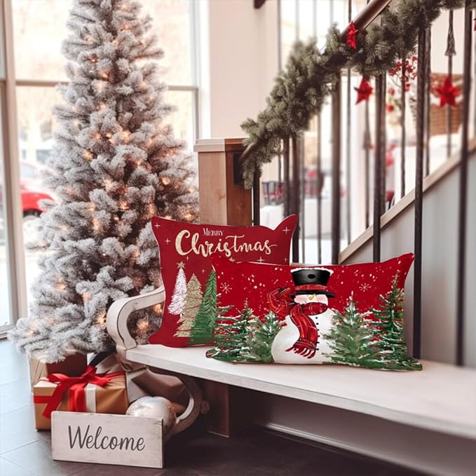 Christmas Pillow Cover 12X20 Colorlife Snowman Tree Snowflake Lumbar Pillow Cover Decorations Throw Pillow Covers Farmhouse Pillows Decorative for Sofa Winter Home Decor