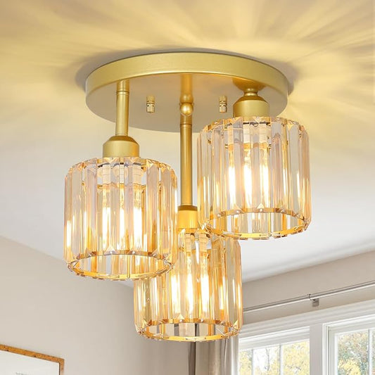 Semi Flush Mount Ceiling Light,3-Light Crystal Close to Ceiling Light Fixtures,Kitchen Light Fixture with Amber Crystal Shades,Hallway Light Fixtures for Kitchen Entryway Bedroom Bathroom