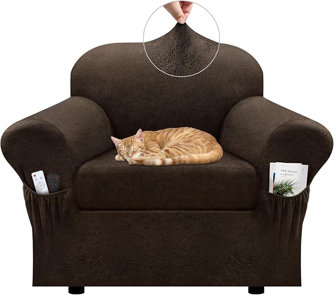 Chair Slipcover with Armrest Pockets 2-Piece Set, Stretch Faux Leather Chair Cover for Armchairs(Fits 31-45") - Non-Slip, Machine Washable, Pet & Kid Friendly - Brown