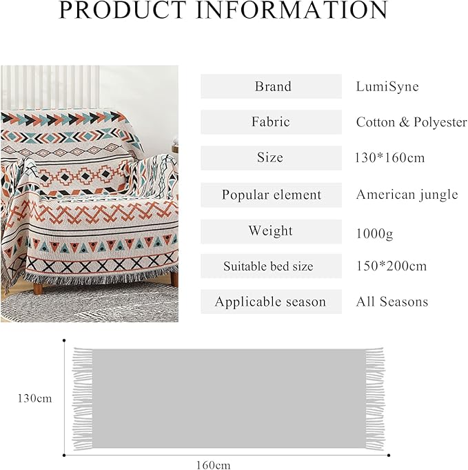 Double-Sided Cotton Woven Throw Blanket with Tassel Jungle Bohemian Style Tapestry Shawl Multi-Function Decorative Throws for Sofa Bed Armchair Camping Blanket Tablecloth Carpet 160x130cm