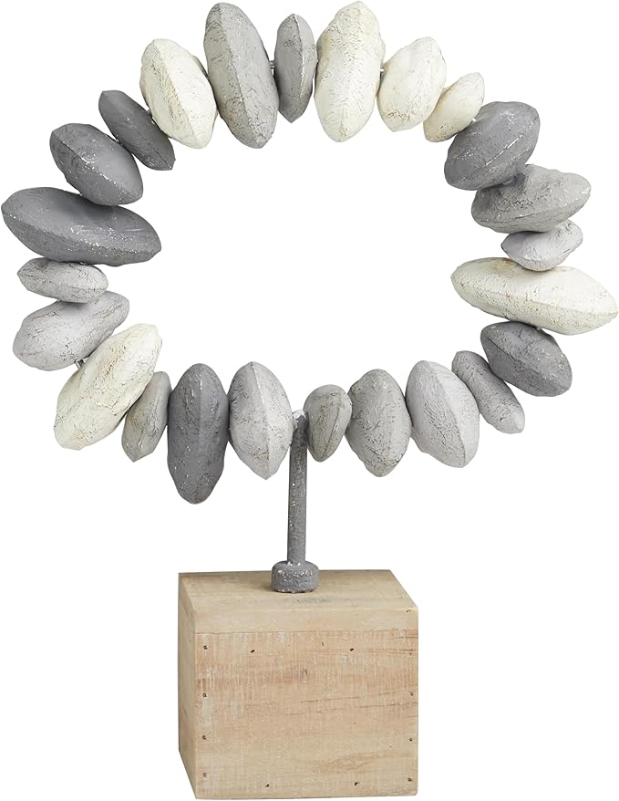 Deco 79 Metal Abstract Decorative Sculpture Circular Stone Home Decor Statue with Brown Wooden Base, Accent Figurine 11" x 4" x 14", Gray
