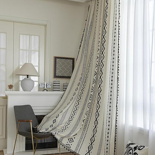 Boho Curtains Geometric Light Filtering Semi-Blackout Window Curtains 72 Inches Long Rod Pocket Drapes for Living Room 2 Panels-Black Totem