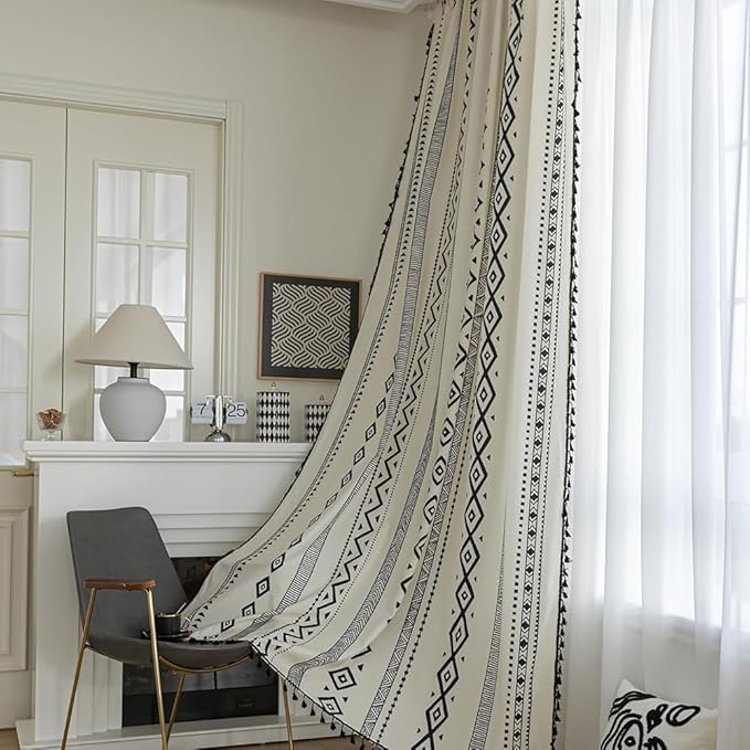 Boho Curtains Geometric Light Filtering Semi-Blackout Window Curtains 84 Inches Long Rod Pocket Drapes for Living Room 2 Panels-Black Totem