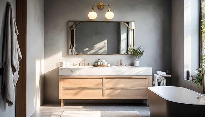 PERMO Double Sconce Antique 2 Light Sconces Vintage Vanity Light with Milk White Ribbed Globe Glass Shade for Bathroom Mirror Makeup Living Room Bedroom