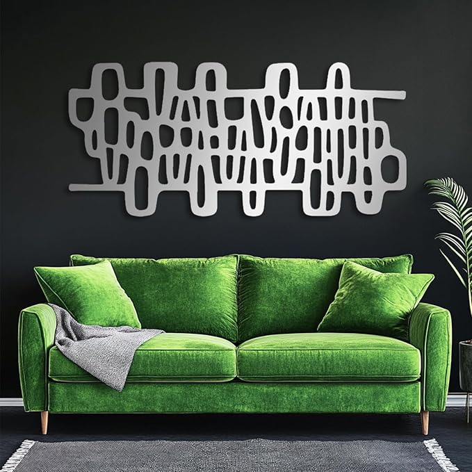 Abstract Geometric Metal Wall Art, Modern Circles Metal Decor, Minimalist Line Art, Long Narrow Sign, Luxury Modern Artwork for Living Room, Farmhouse, Office (Silver, 35"x16" | 90x41cm)