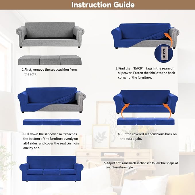 WEERRW 4 Pieces Velvet High Stretch Couch Covers for 3 Cushion Couch Sofa Slipcovers, Washable Furniture Protector with Non Slip Elastic Bottom, Feature Soft and Thick Plush Fabric, Royal Blue, Large
