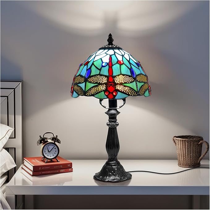 Tiffany Lamp Dragonfly Stained Glass Table Lamp, 8 Inch Antique Desk Lamp with LED Bulb, Desk Reading Light for Bedroom Living Room Office Table Lamps for Bedside Nightstand Gift