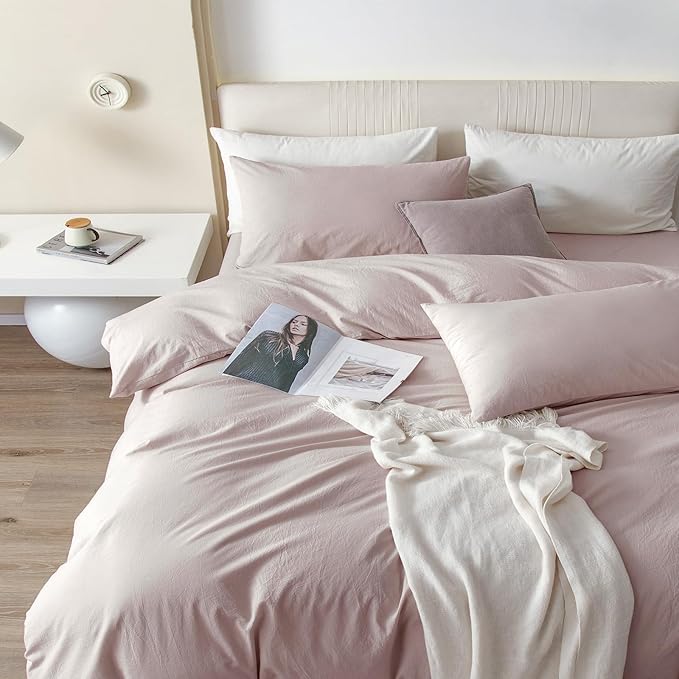 JIYUAN 100% Washed Cotton Duvet Cover Set 3 Pieces Cal King, 1 Duvet Cover 104x98 Inches (Comforter Not Included) and 2 Pillowcases,Linen Feel Bedding Set Comfy and Breathable, Heathered Greyish Pink