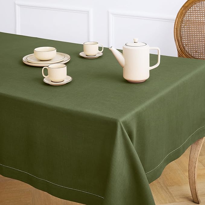 Solino Home Olive Linen Tablecloth 60 x 132 Inch - 100% Pure Linen Classic Hemstitch Table Cloth for Rectangle Tables - Machine Washable Tablecloth for Wedding, Parties, Fall, Autumn, Thanksgiving