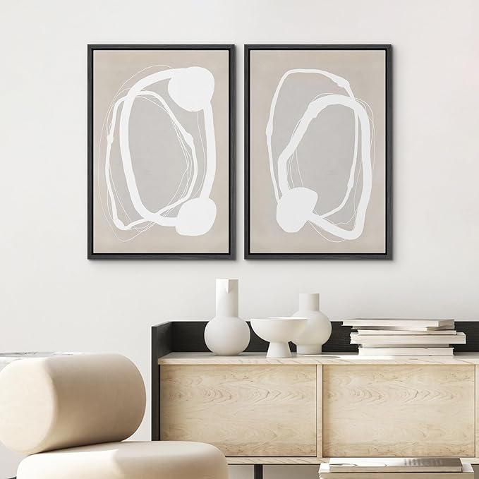 SIGNWIN Framed Canvas Print Wall Art Set Pastel Tan Circle Ring Collage Abstract Shapes Cozy Neutral Modern Art Decorative Nordic Multicolor for Living Room, Bedroom, Office - 24"x36"x2 Black