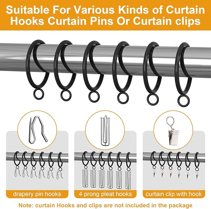 42 PCS Curtain Rings, 1.5 inch Metal Curtain Drape Sliding Eyelet Rings-Hanging Rings for Curtains and Rods, Fits Up to 1 1/4-Inch Rod, Black(Clips Not Included)