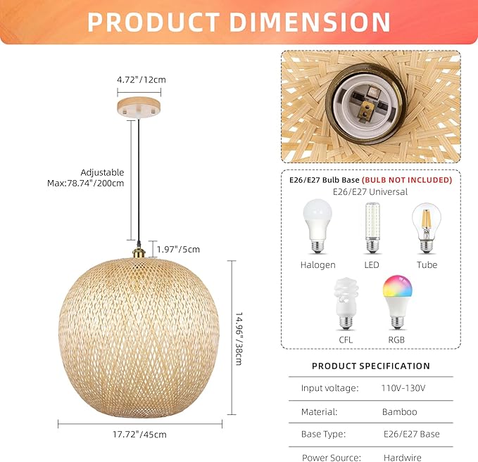 Arturesthome 1 Light Round Bamboo Pendant Lights, Wicker Chandelier Hand-Woven Boho Basket Lampshade Hanging Ceiling Light for Kitchen Island Living Room