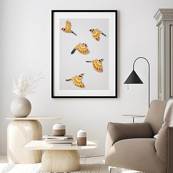 Vumyhuby 5 Pcs Yellow Wooden Bird Wall Art | Rustic Folk Art Wall Decor for Indoor Use | Handcrafted Wood Flying Birds Wall Hangings for Living Room, Bedroom, Kitchen, Office | Scandinavian Home Decor Gift