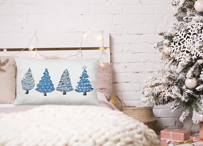 KEUSPI Blue Christmas Decorations,Coastal Christmas Decor Blue Christmas Tree Pillow Covers 12x20,Christmas Decor,Christmas Trees Xmas Pillow Cases Cushion Covers,Blue Christmas Tree Pillow Covers