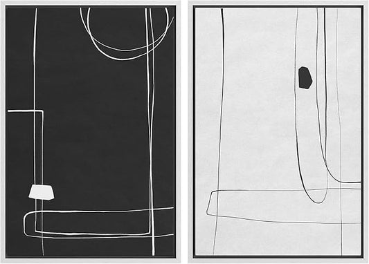 SIGNWIN Framed Canvas Print Wall Art Set Grunge Mid-Century Geometric Lines Abstract Shapes Illustrations Modern Art Minimal Boho Relax/Calm for Living Room, Bedroom, Office - 16"x24"x2 White