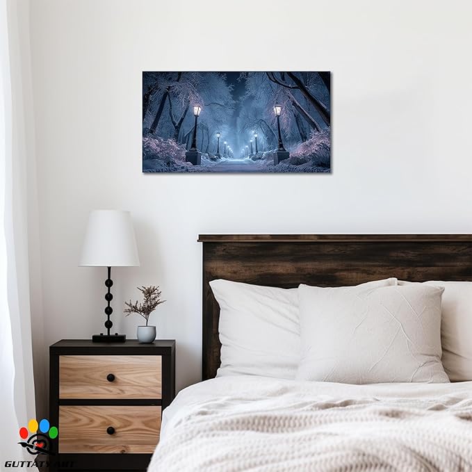 GUTTATY Winter Scene Christmas Canvas Wall Art, Blue Frosty Landscape Canvas Prints, Snowy Pathway Illuminated by Street Lamps, Park Winter Pictures Wall Decor for Living Room, Bedroom, 40x20 Inch